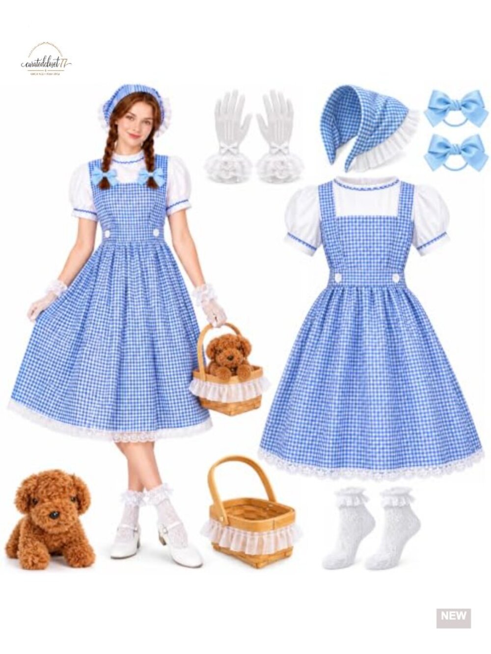 Women's Book Character Halloween Costume Set Blue Plaid Dress 8 Pieces